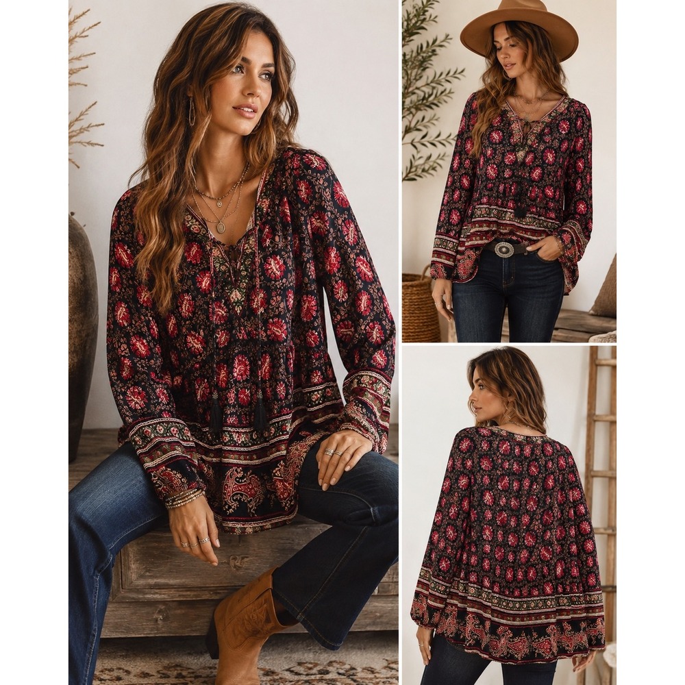 Artesia XL Boho Paisley Floral Peasant Tunic Tassel Tie Rayon